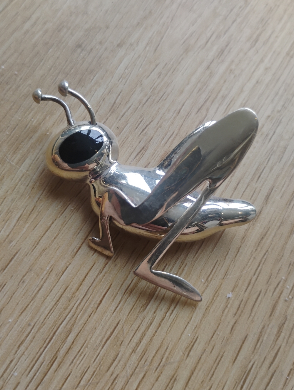 Vtg 925 Sterling Silver Cricket Grasshopper Onyx Eye Good Luck Brooch Pin